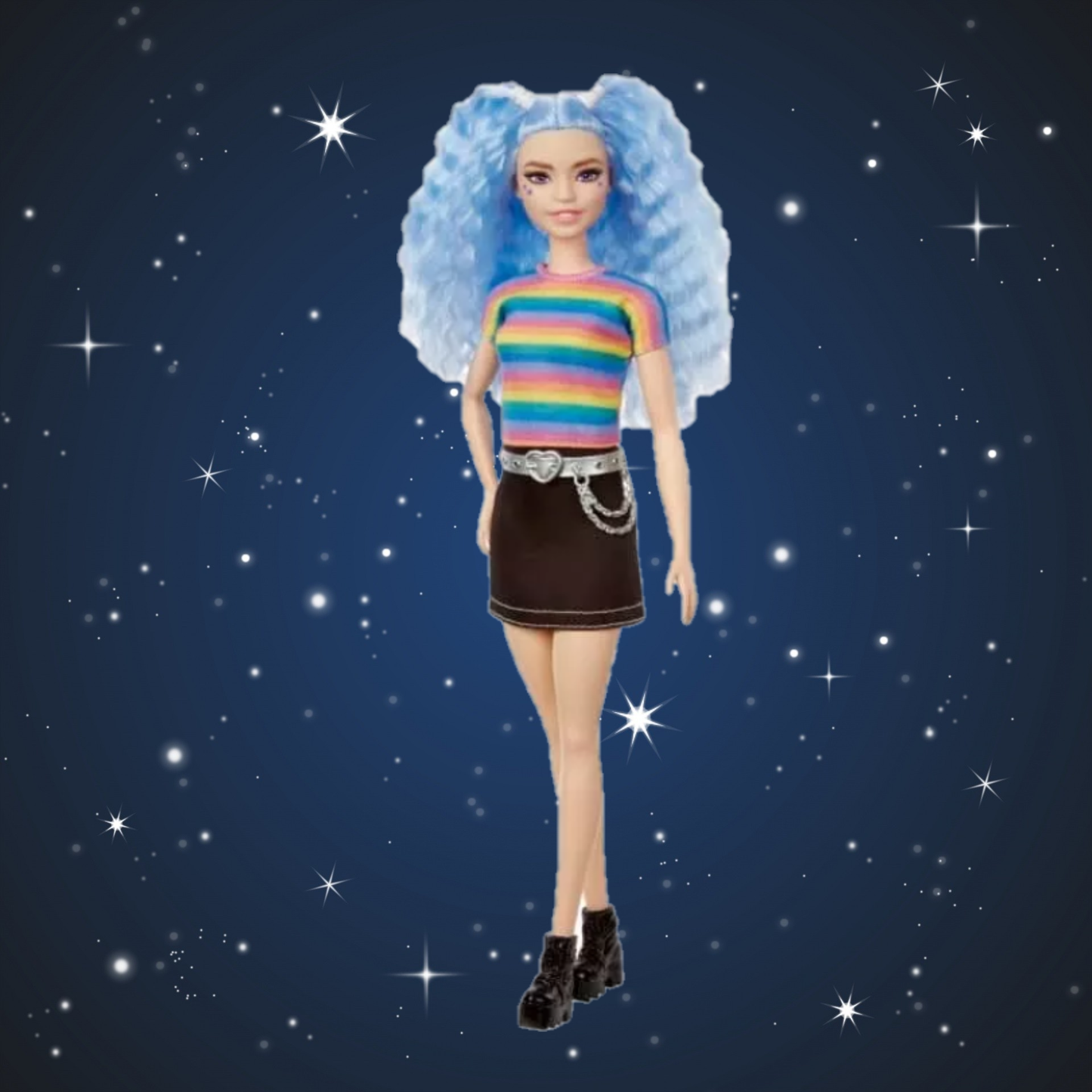 Barbie Fashionistas Doll Blue Hair Rainbow Striped Shirt Blue Skirt