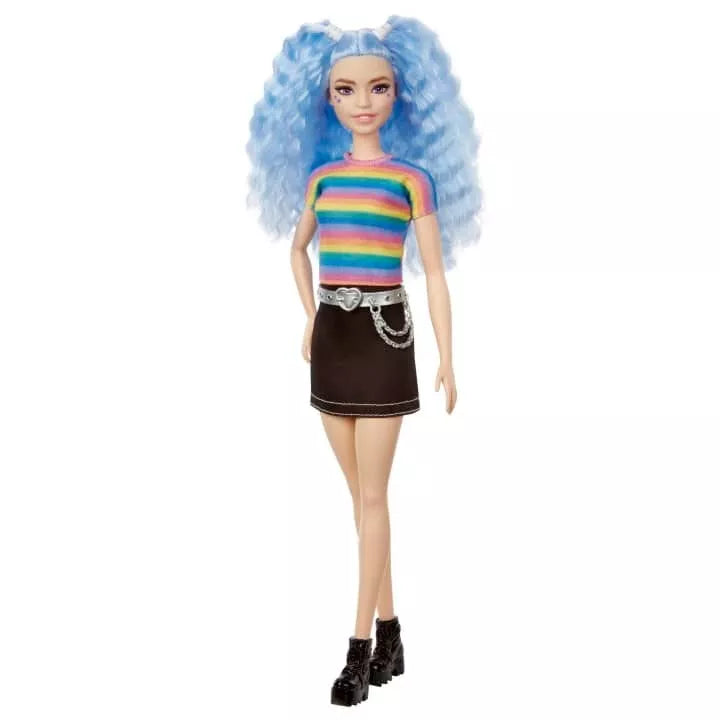 Barbie Fashionistas Doll Blue Hair Rainbow Striped Shirt Blue Skirt