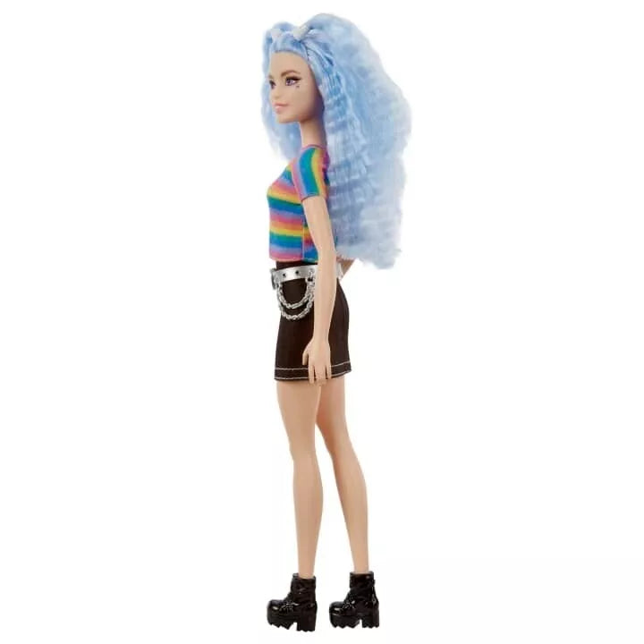 Barbie Fashionistas Doll Blue Hair Rainbow Striped Shirt Blue Skirt