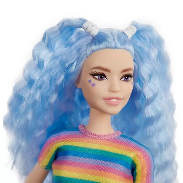 Barbie Fashionistas Doll Blue Hair Rainbow Striped Shirt Blue Skirt