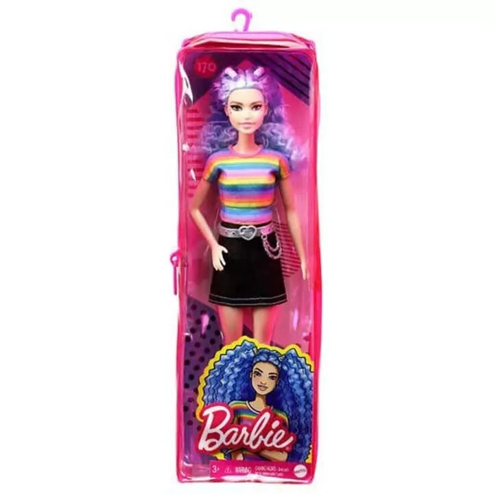 Barbie Fashionistas Doll Blue Hair Rainbow Striped Shirt Blue Skirt