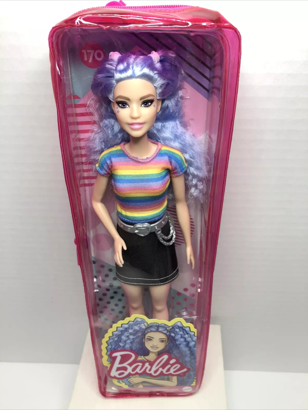 Barbie Fashionistas Doll Blue Hair Rainbow Striped Shirt Blue Skirt