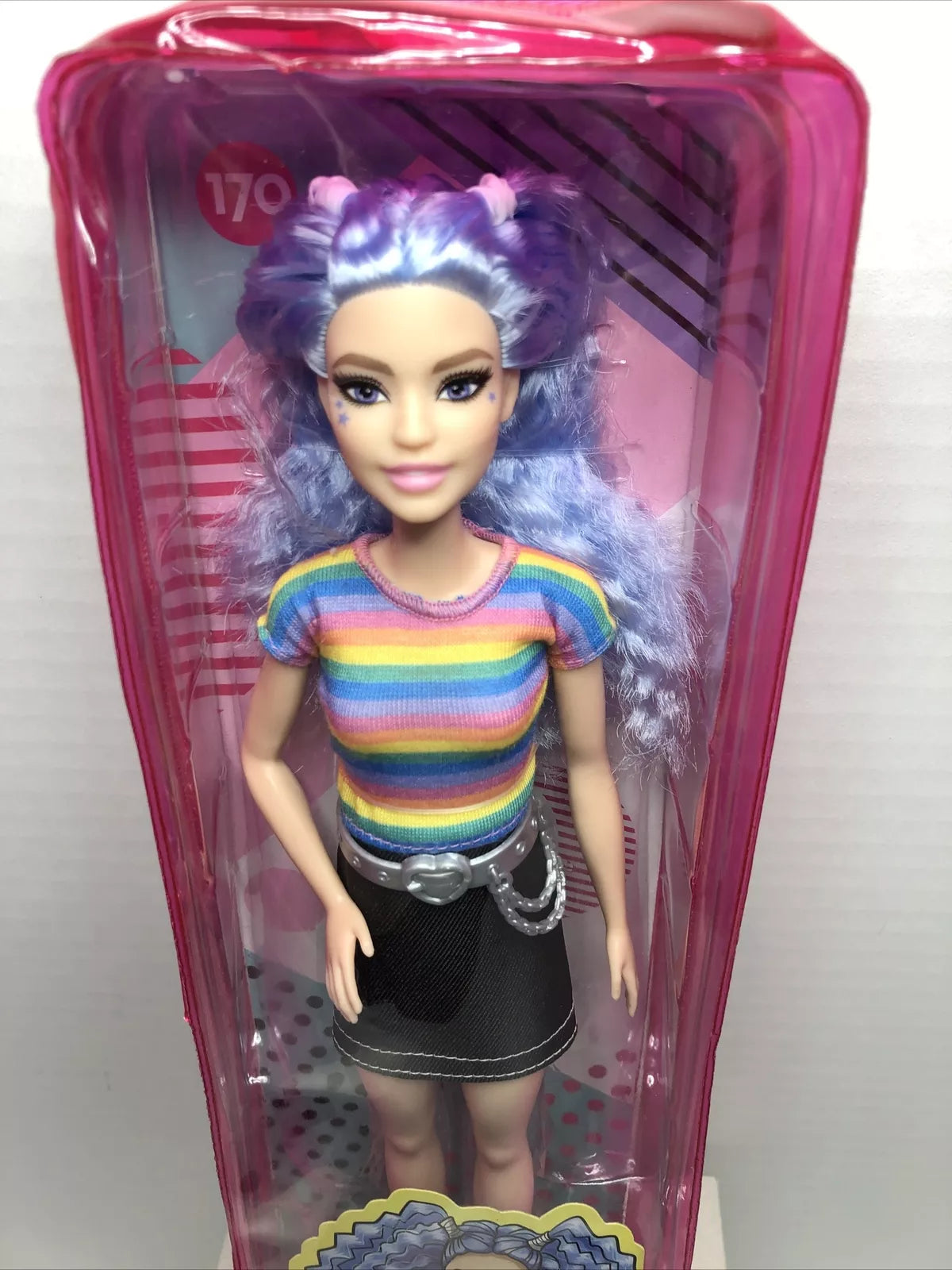 Barbie Fashionistas Doll Blue Hair Rainbow Striped Shirt Blue Skirt