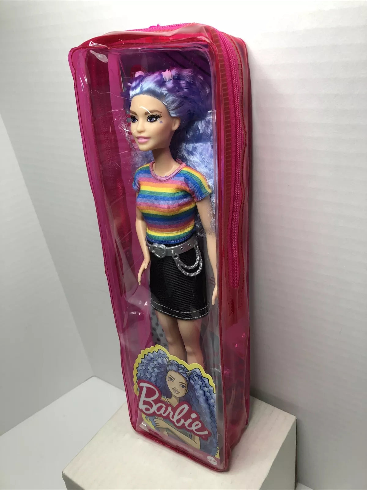 Barbie Fashionistas Doll Blue Hair Rainbow Striped Shirt Blue Skirt