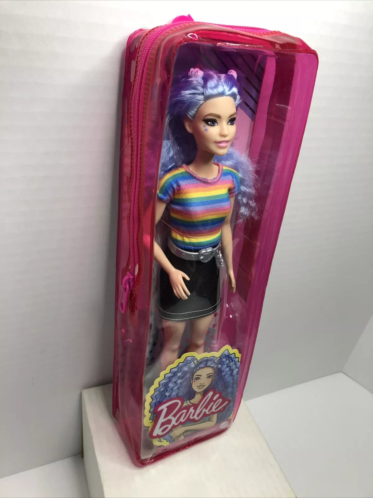 Barbie Fashionistas Doll Blue Hair Rainbow Striped Shirt Blue Skirt