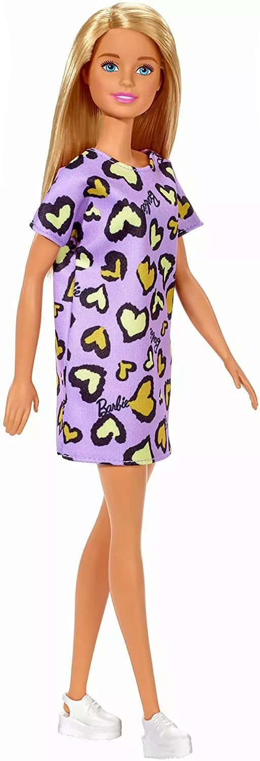 Barbie Fashionista Doll Blonde Chic Purple Dress Yellow Hearts