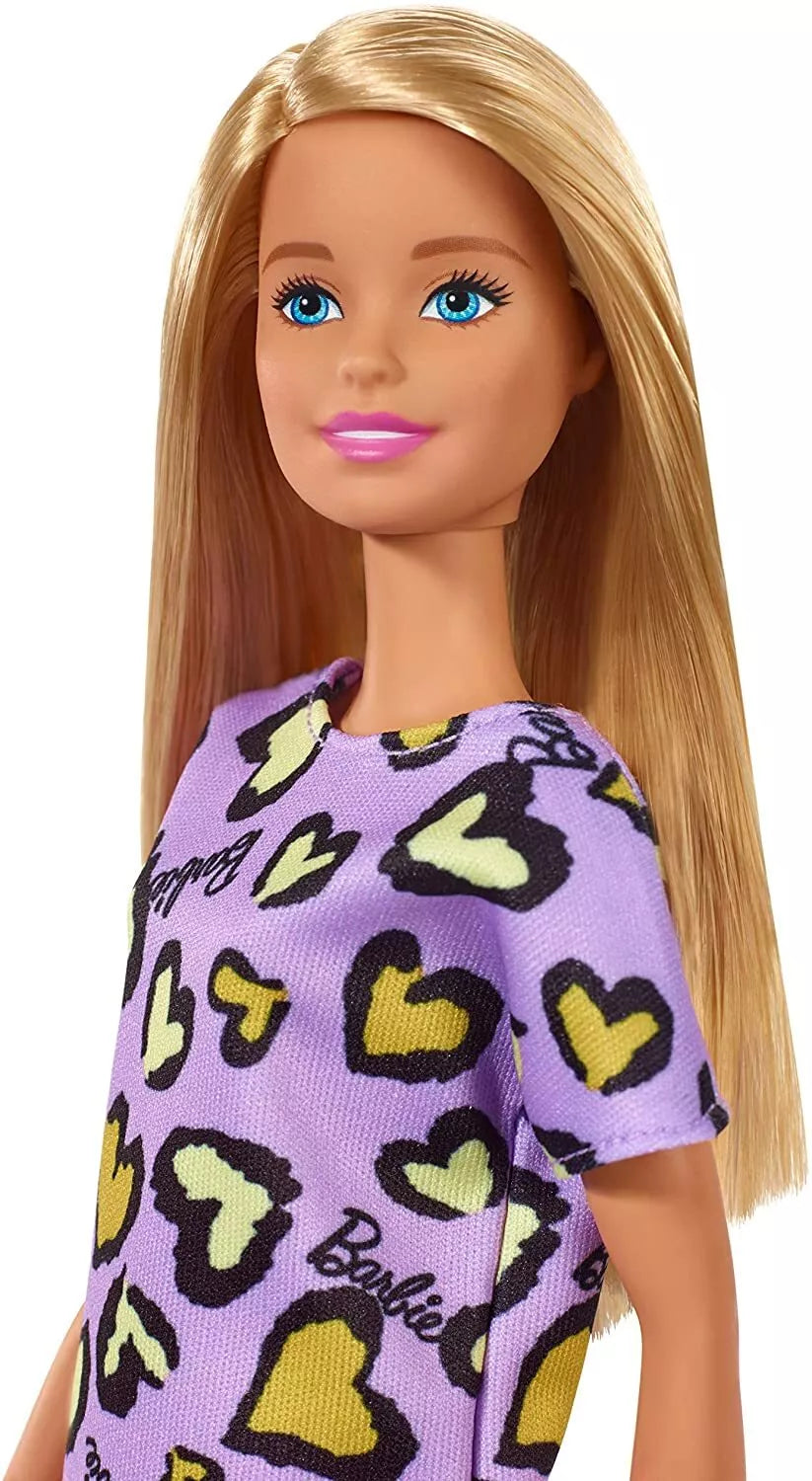 Barbie Fashionista Doll Blonde Chic Purple Dress Yellow Hearts