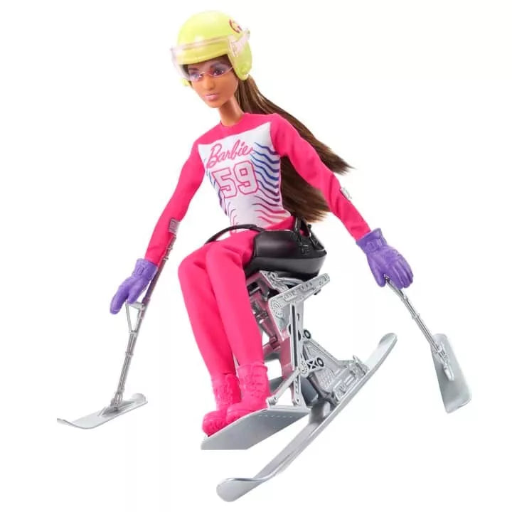 Barbie Doll Para Alpine Skier with Helmet Gloves Poles Sit Ski Trophy