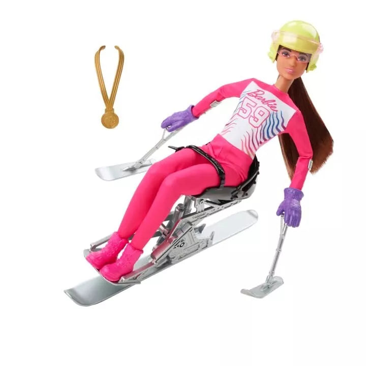 Barbie Doll Para Alpine Skier with Helmet Gloves Poles Sit Ski Trophy