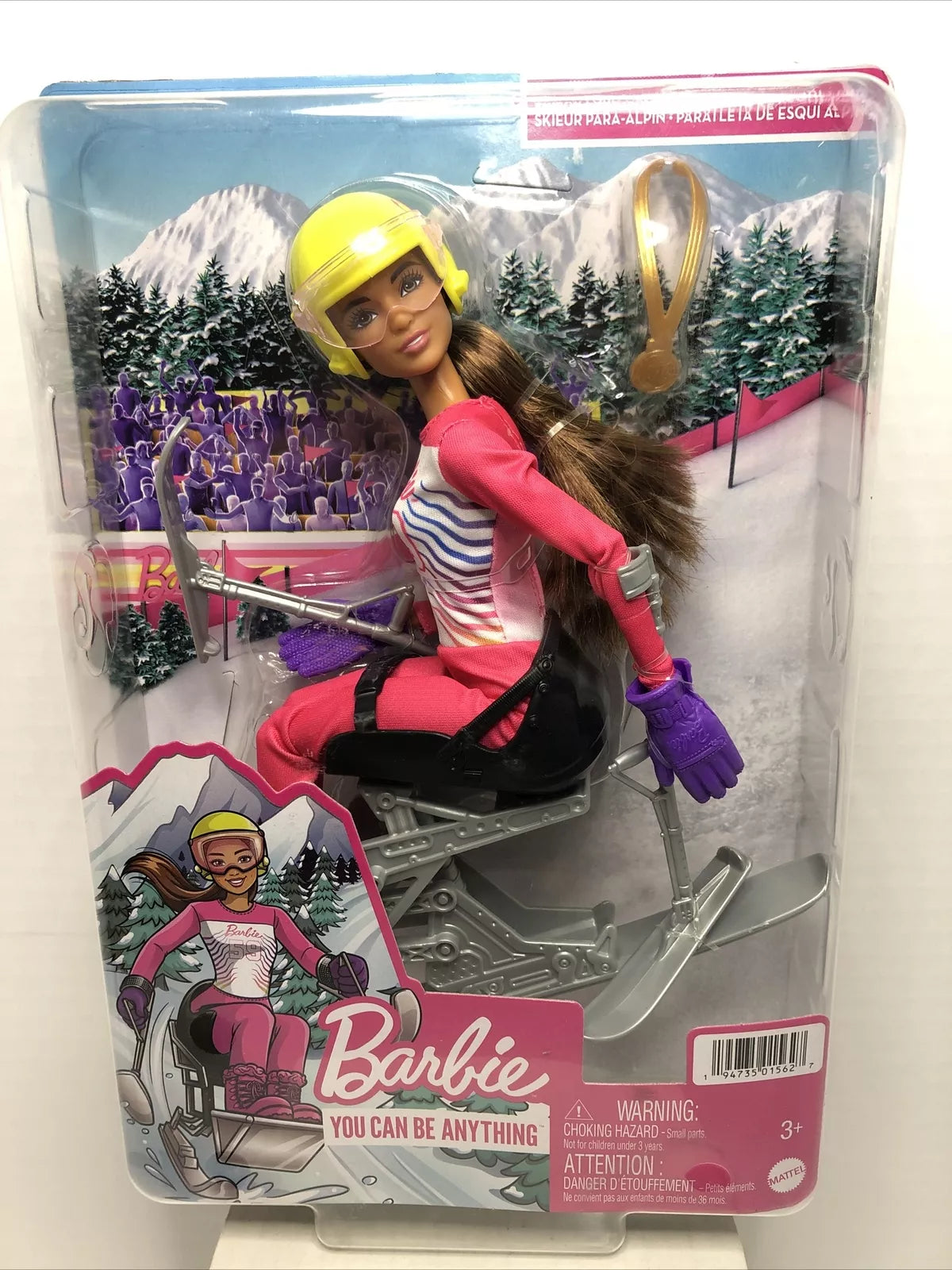 Barbie Doll Para Alpine Skier with Helmet Gloves Poles Sit Ski Trophy