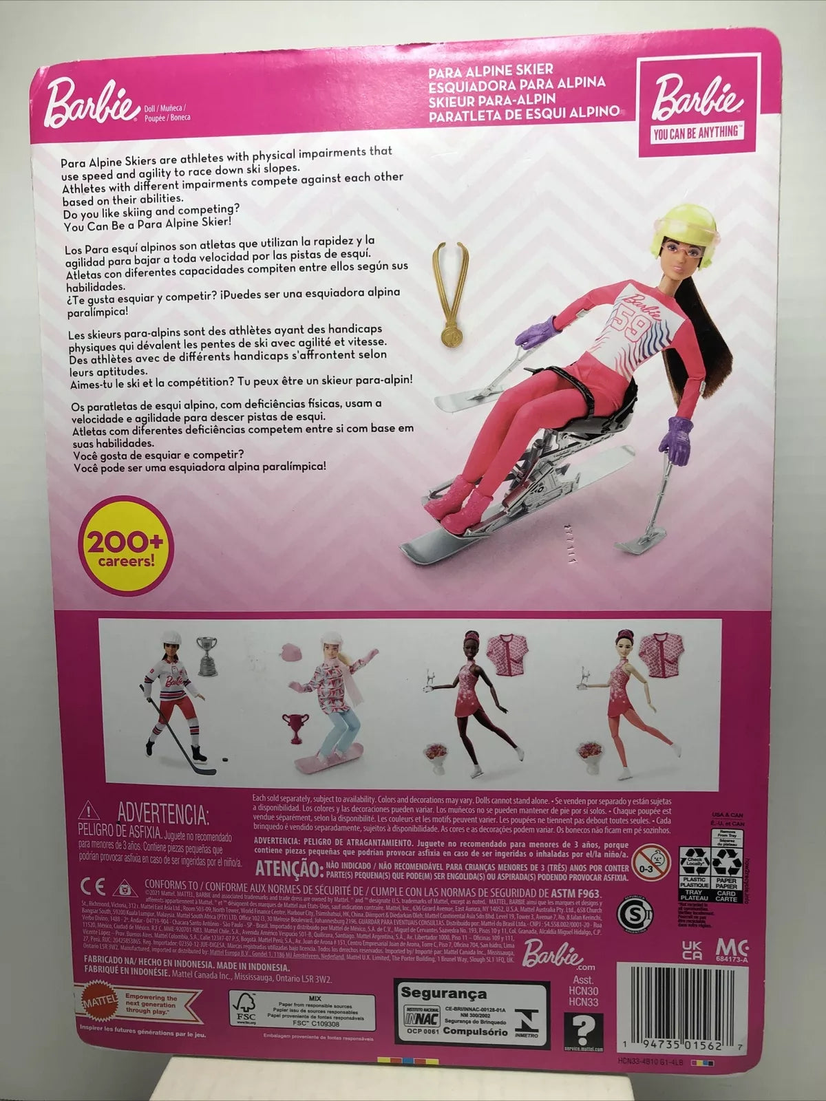 Barbie Doll Para Alpine Skier with Helmet Gloves Poles Sit Ski Trophy